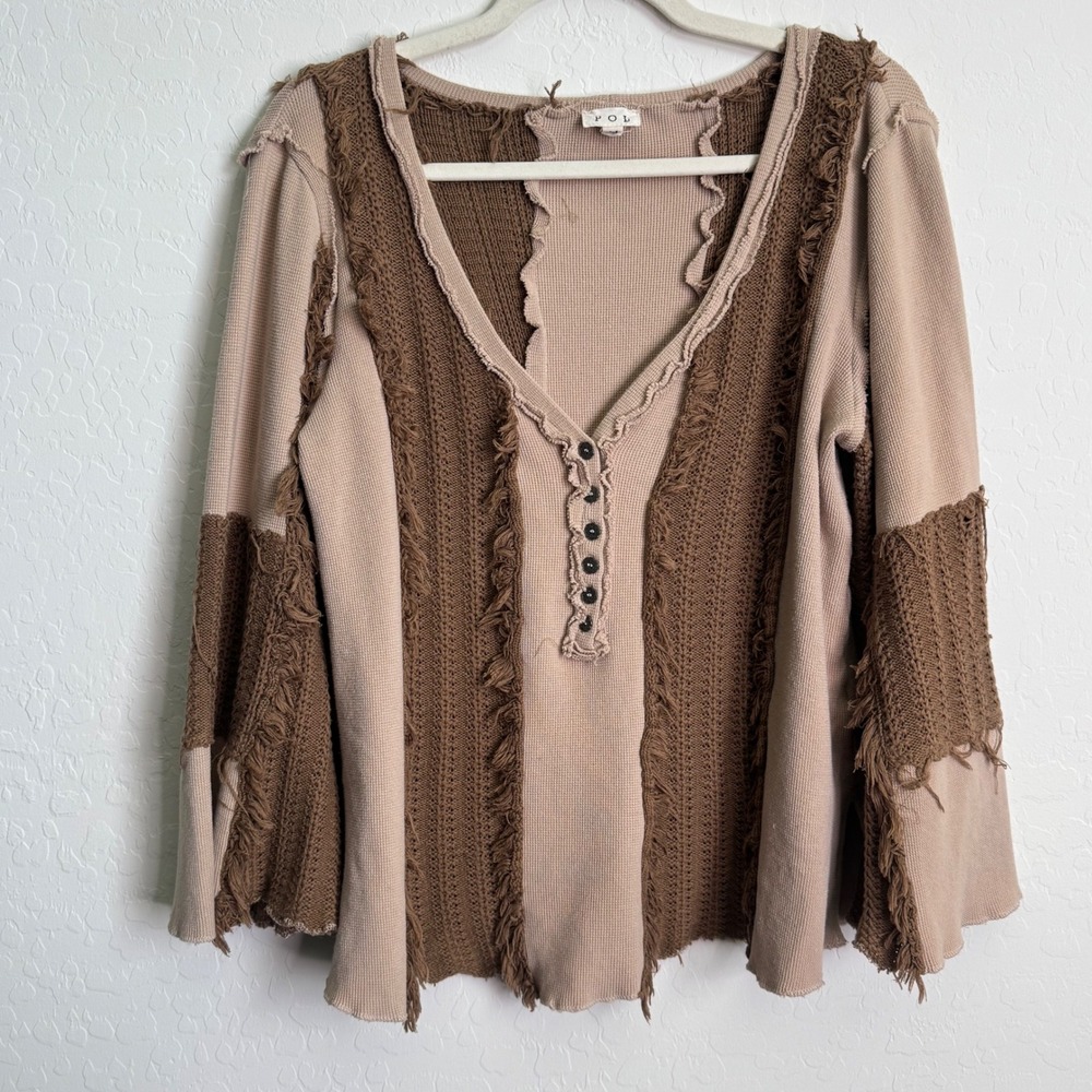 POL Womens Boho Mixed Media Thermal Henley‎ Top Crochet Fringe Size M Fairycore
